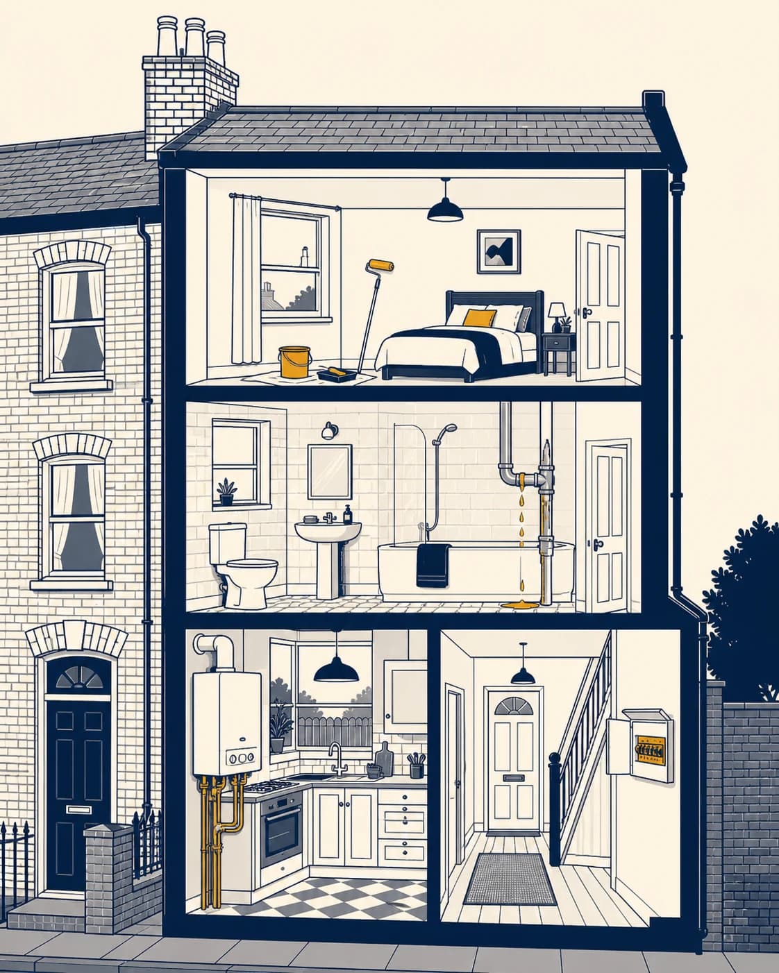 Cutaway illustration of a UK terraced house showing the four maintenance lanes FixQuotes sources quotes for letting agents & property managers: paint, plumbing, heating, electrics.