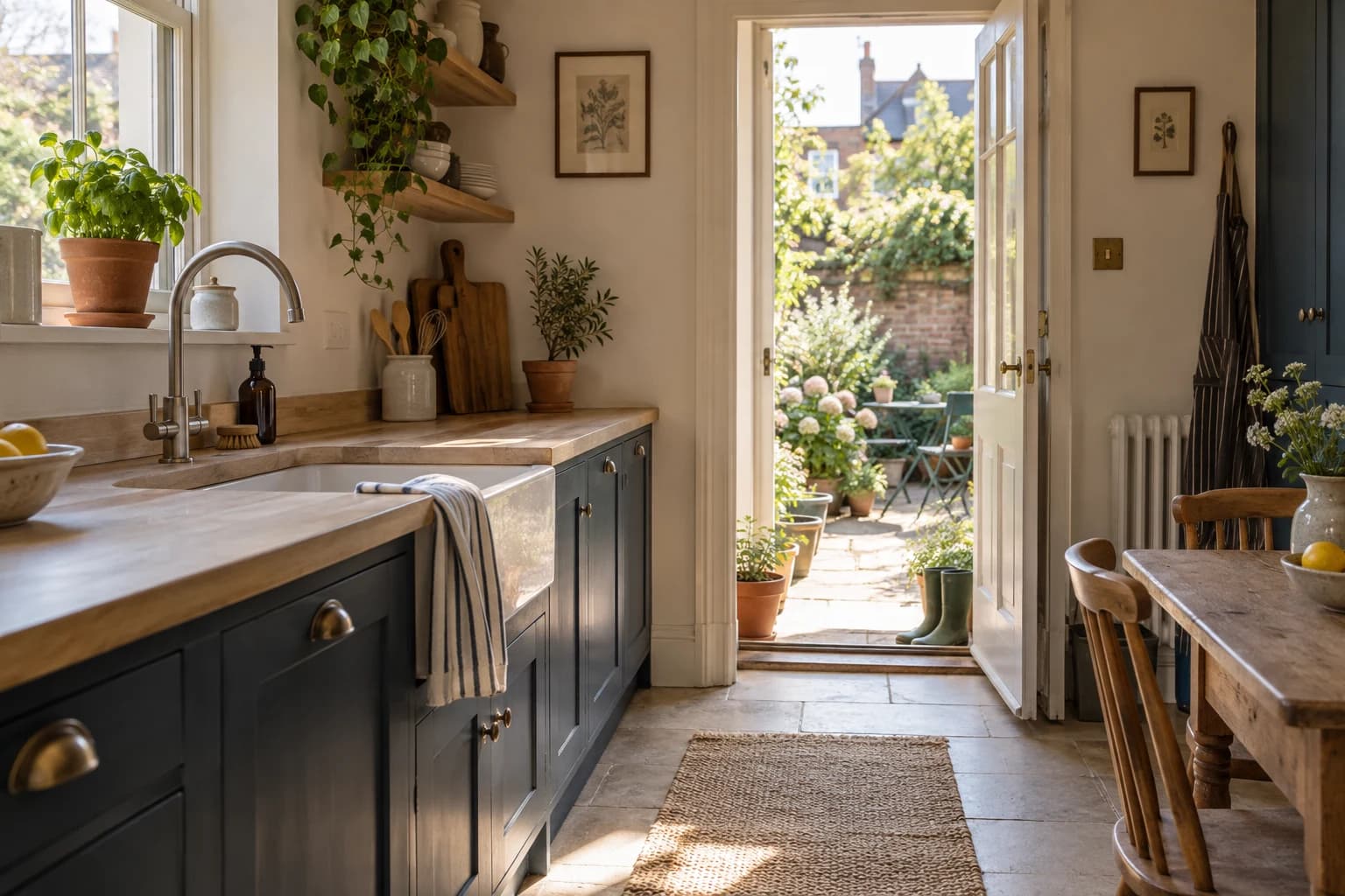 A sunlit kitchen opening onto a garden