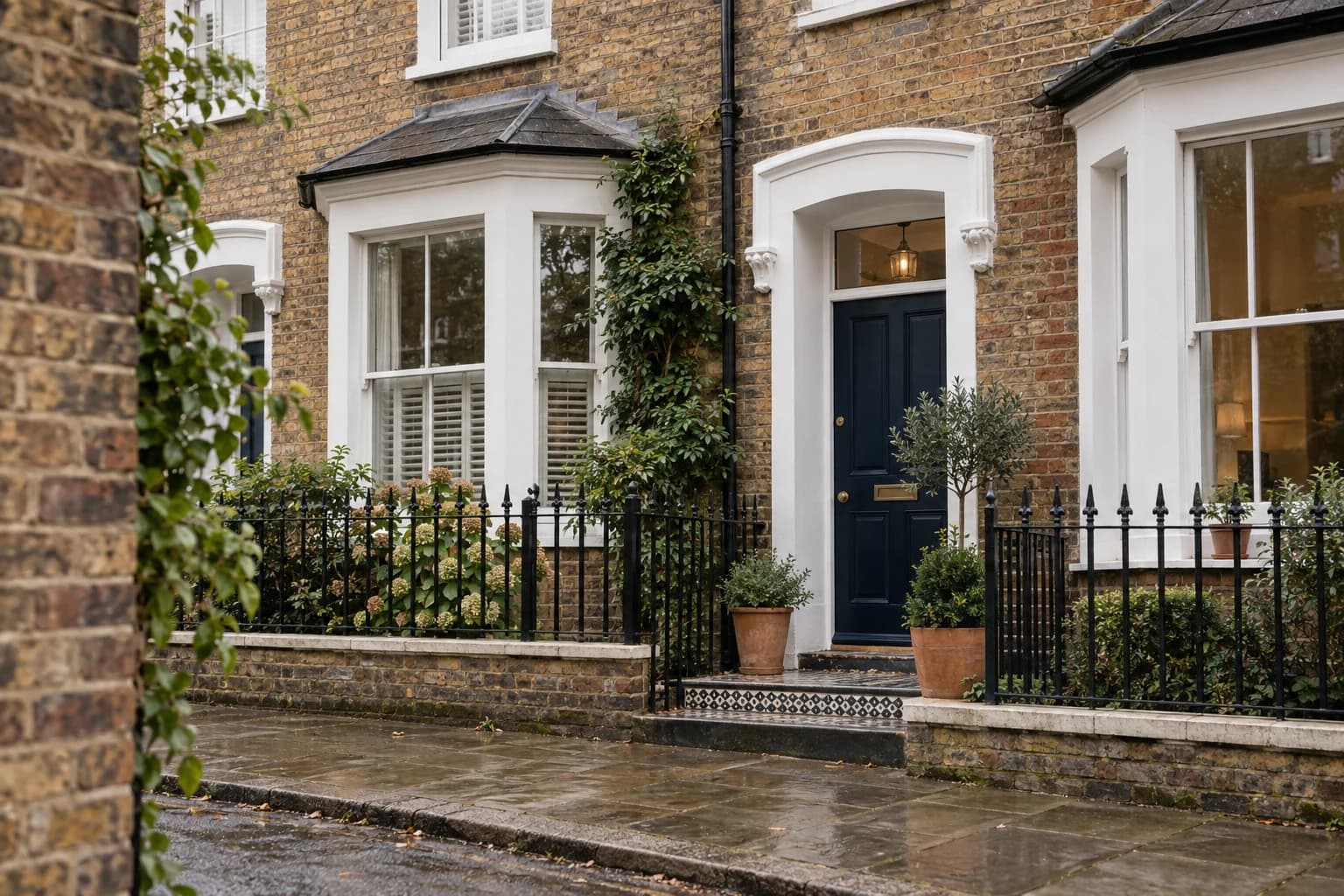 Brick terraced homes with a navy front door