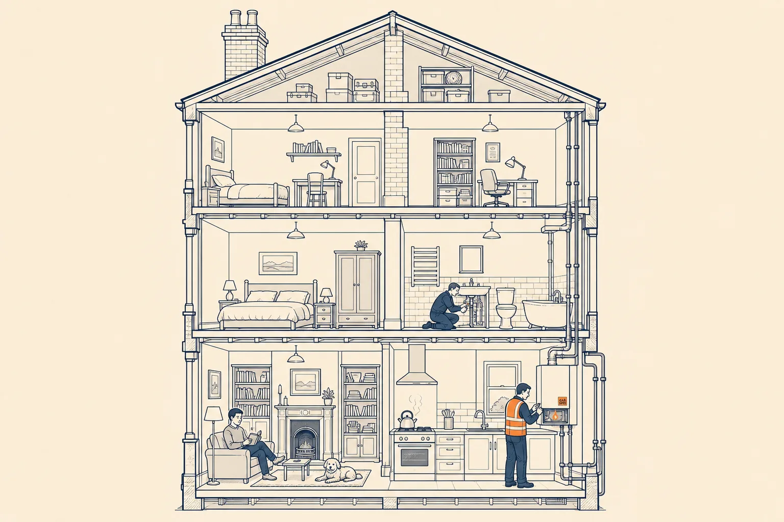 Editorial cutaway illustration of a UK Victorian terrace during a gas safety inspection: a Gas Safe engineer servicing a wall-mounted boiler in the ground-floor kitchen, a plumber under the first-floor bathroom sink, and a homeowner reading on the sofa.