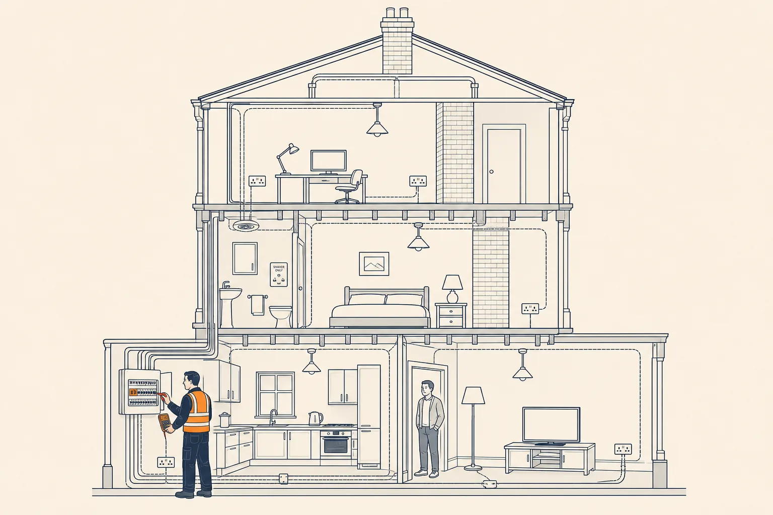 Editorial cutaway illustration of a UK Victorian terrace during an EICR inspection: a Part P electrician at the consumer unit in the ground-floor kitchen testing circuits with a multimeter, cables sketched faintly behind walls connecting sockets and light fittings across three floors.