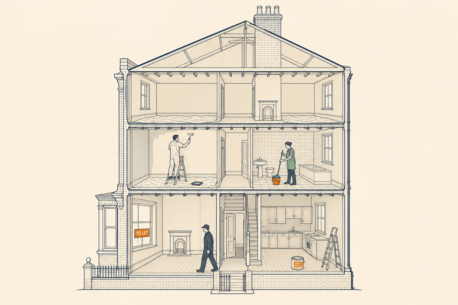 Editorial cutaway illustration of a UK Victorian terrace mid-turnover between tenancies: a painter on a stepladder repainting a bedroom, a cleaner with a bucket in the bathroom, a removals worker exiting an empty hallway, and a TO LET sign in the front window.